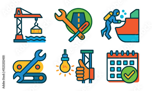 Flat vector icons of port maintenance and repair: dock repair crane icon, equipment maintenance tools, resurfacing road badge, hull cleaning service, conveyor belt repair, lighting fixture