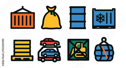 Flat vector icons of port cargo types: container box icon, bulk cargo bag, liquid tanker drum, refrigerated container, pallet stack, vehicle transport trailer, heavy machinery crate, breakbulk cargo