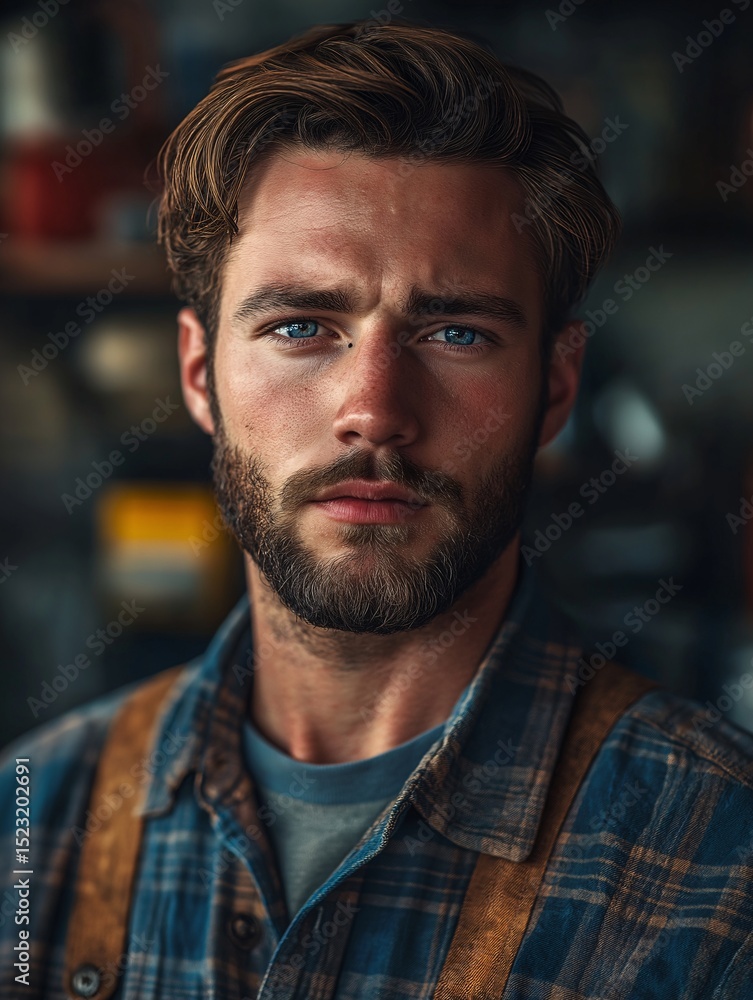 Intriguing Male Portrait in Workshop with Beard and Blue Eyes, Capturing Rugged Charm and Craftsmanship - Flannel Shirt Style Photography Intriguing Male Portrait in Workshop with Beard and Blue Eyes, Capturing Rugged Charm and Craftsmanship - Flannel Shirt Style Photography