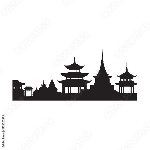 Traditional Asian temple silhouettes with multiple tiered pagodas, ideal for cultural and architectural designs.