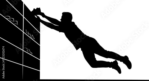  Silhouette of man jumping to grab shoes from shelf for ambition and goals concept