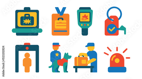 Flat vector icons of airport baggage security: X-ray scanner icon, baggage inspection badge, explosive detection device, tamper-evident seal, security checkpoint, K9 unit, manual bag search, alarm