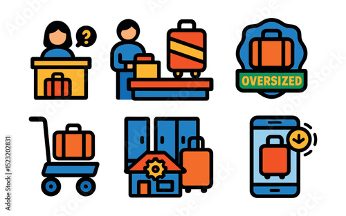 Flat vector icons of airport baggage services: lost luggage counter icon, baggage wrapping station, oversized luggage badge, baggage cart, luggage storage locker, baggage claim ticket, suitcase