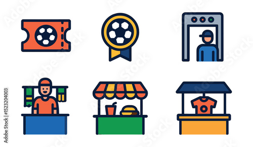 Flat vector icons of football match day essentials: ticket stub icon, match program badge, stadium entrance gate, security checkpoint, souvenir vendor, food and drink stand, first aid post, fan