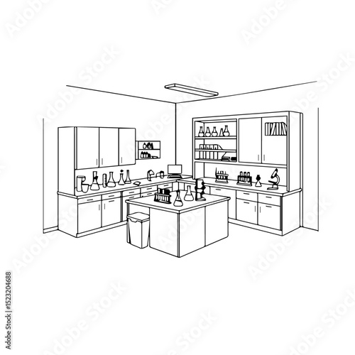 Modern laboratory interior design sketch. Room includes lab tables, cabinets, and equipment like microscopes and beakers. Clean workspace perfect for scientific research or fitness center design.