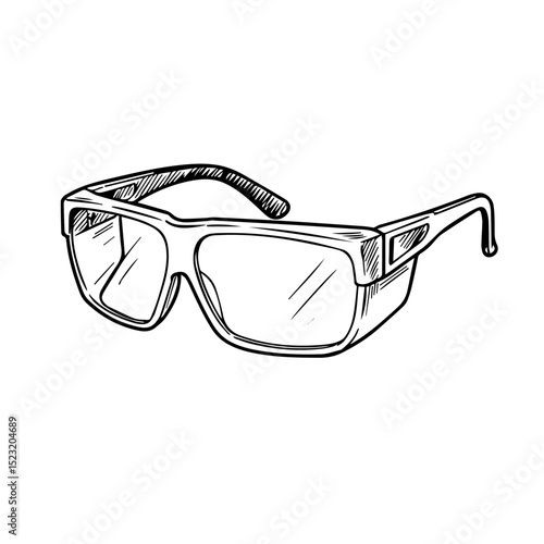 Safety glasses hand drawn illustration. Protective eyewear design for industrial use.  Detailed sketch of safety glasses suitable for laboratory research or fitness center.