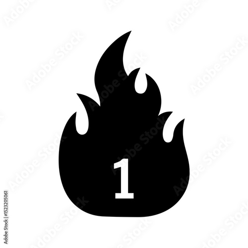 Burning flame icon with number one inside. Fiery symbol design featuring a single flame and bold numeral one. This fiery design is ideal for fitness branding or laboratory research applications.