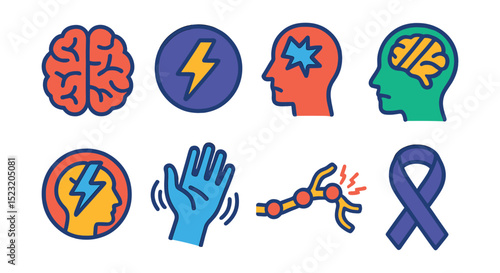 Flat vector icons of neurological diseases: brain icon, epilepsy badge, migraine head, Parkinson’s tremor, multiple sclerosis, stroke symbol, nerve pain, Alzheimer’s awareness ribbon.