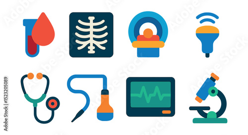 Flat vector icons of medical diagnostics: blood test icon, X-ray badge, MRI scan, ultrasound probe, stethoscope, ECG monitor, biopsy needle, lab microscope.