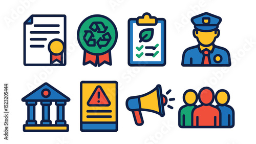 Flat vector icons of waste management policies: legal document icon, recycling law badge, environmental regulation, compliance checklist, policy enforcement, government building, penalty notice,
