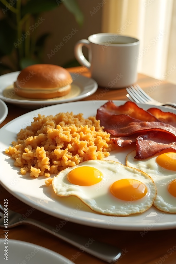 breakfast with fried eggs and bacon breakfast with fried eggs and bacon