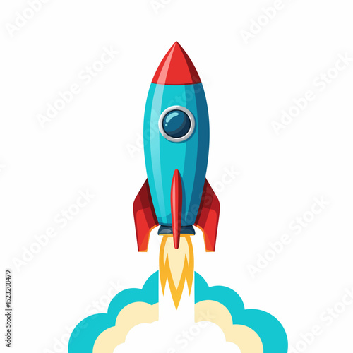 Colorful rocket launching into the sky with smoke trails  