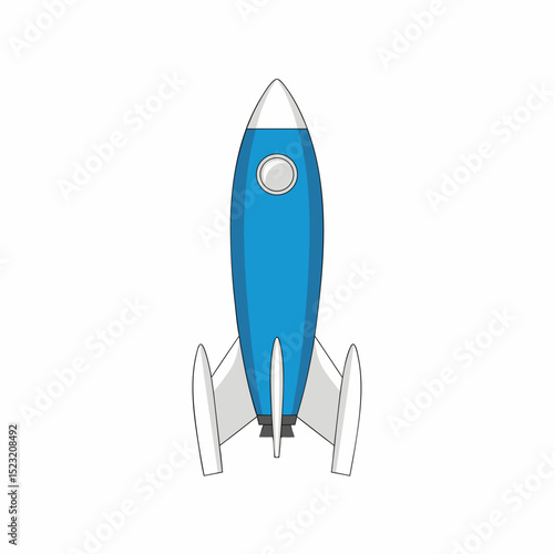 Retro blue rocket ship in minimalist design on white background  