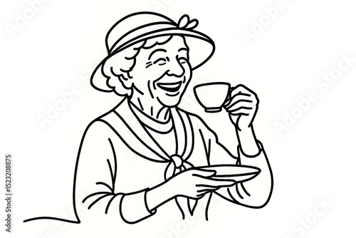 Happy Senior Woman Enjoying Tea Line Art Illustration