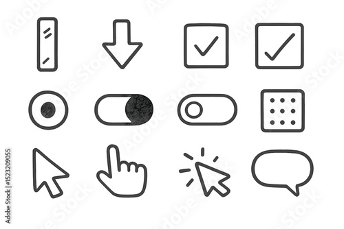Dark interface icons set: buttons, arrows, checks, toggles, cursors, bubble