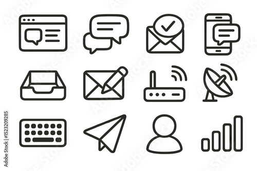 Communication icons set featuring technology and messaging symbols