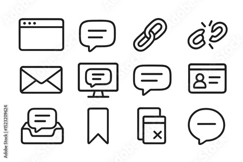 Web and communication icons: browser, message, link, email, bookmark, id