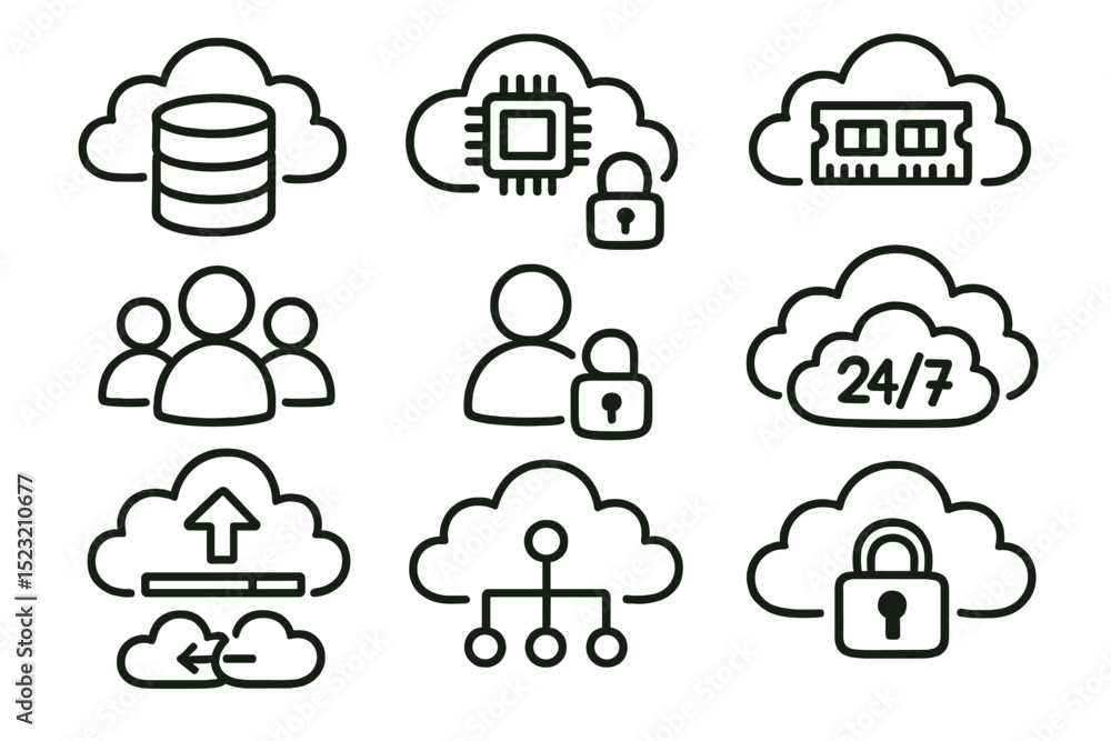 Cloud computing icons illustration with security and storage elements Cloud computing icons illustration with security and storage elements