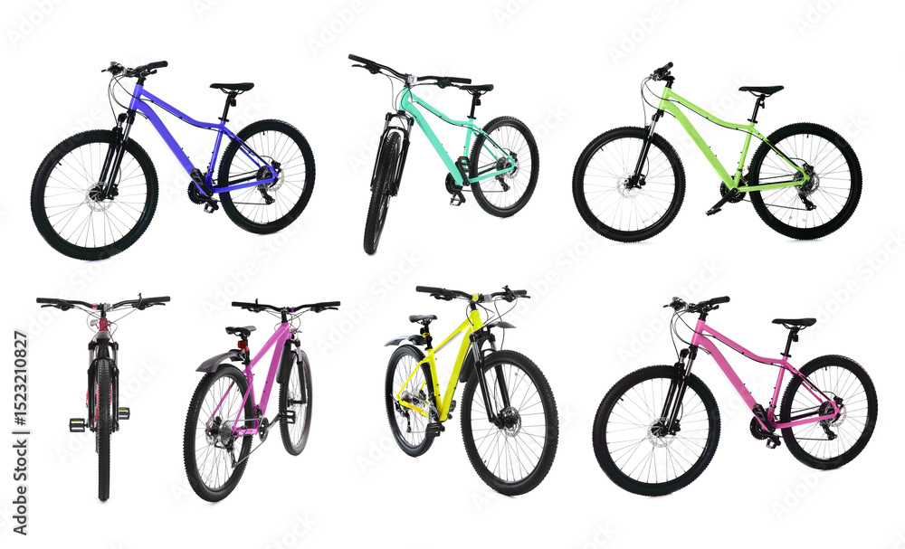 Fototapeta premium Different color bicycles on white background, collage