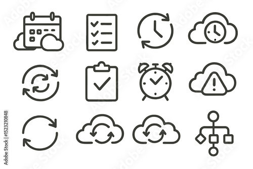Cloud-based synchronization and task management icons in outline style