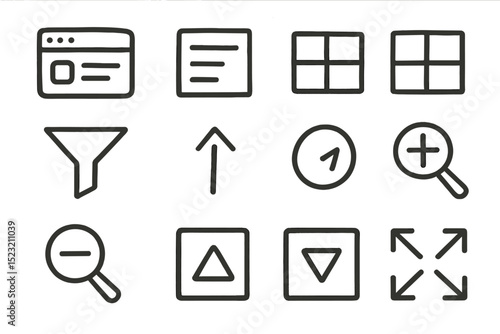 Black line icons for interface: layouts, arrows, and search tools