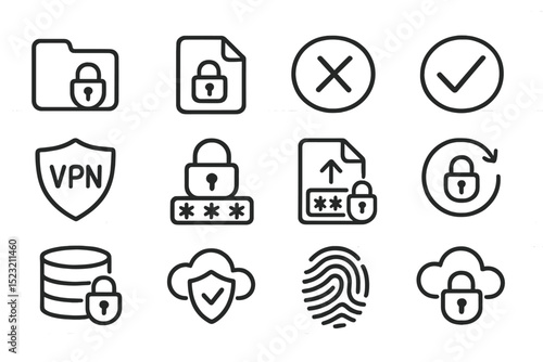 Security icons set on dark background with padlock and cloud symbols