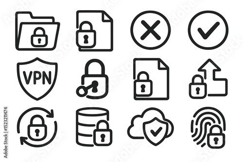 Security icons: lock, vpn, shield, check, upload, fingerprint, data protection