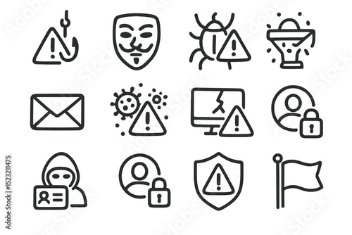 Cybersecurity warning icons depicting threats and privacy concerns