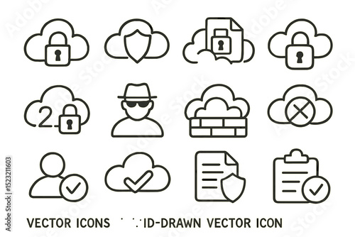 Cloud security icons set with locks and shields - protection and privacy symbols