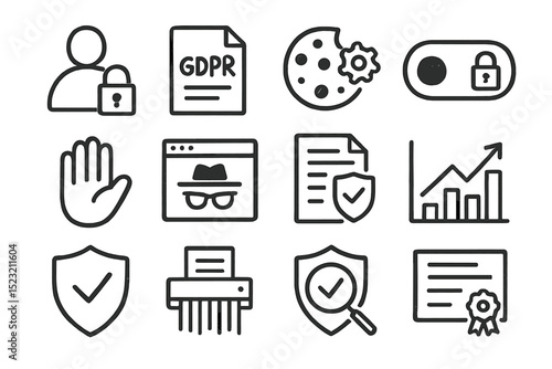 Data privacy icons set including gdpr, cookies, security, and analytics symbols