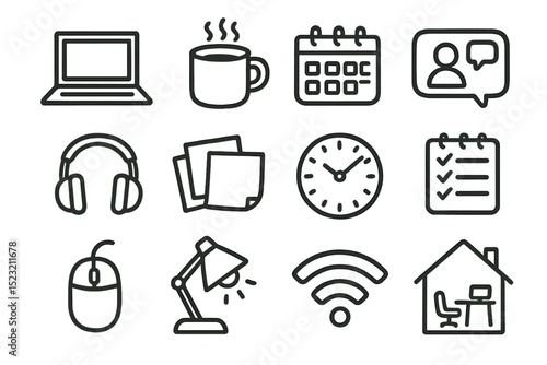 Home office essentials: laptop, coffee, planner, and more icons