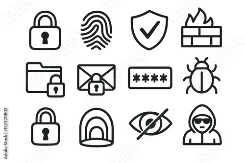 Cybersecurity icons set featuring locks, shield, firewall, fingerprint, and bugs