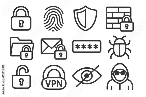 Cybersecurity icons: locks, vpn, firewalls, passwords, privacy protection
