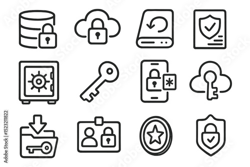 Data security icons: cloud, lock, key, safe, backup, access
