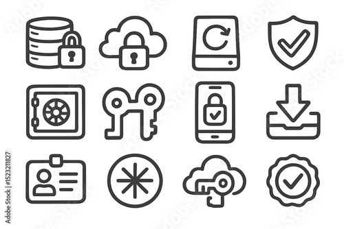 Security icons: cloud, lock, key, shield, download, badge, safe, server