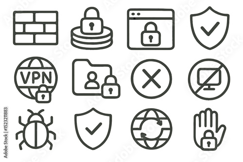 Cybersecurity icons: vpn, firewall, shield, lock, and more