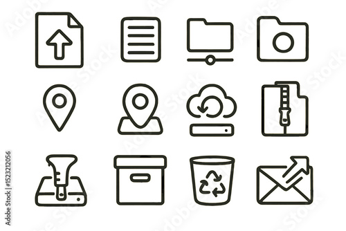 File management icons set featuring upload, folder, camera, and cloud symbols