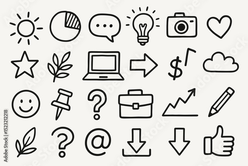 Simple black line icons set with various everyday objects and symbols