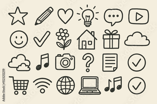 Hand-drawn icons set: technology, music, shopping, home, social