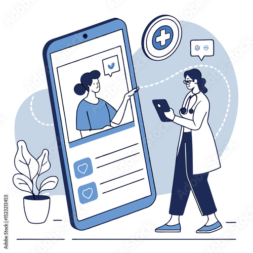 Blue and White Vector Illustration of Telemedicine UI on Mobile Phone with Editable Text  