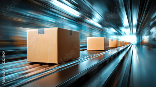 Row of cardboard boxes moves swiftly along conveyor belt in futuristic warehouse, with dynamic motion blur effect conveying speed and efficiency