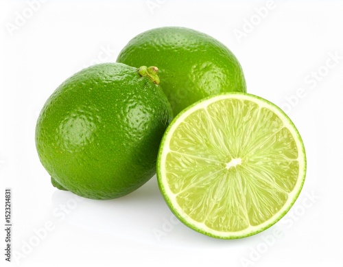Whole and halved limes isolated on white background, citrus garnish, cocktail ingredient, zesty flavor, copy space
