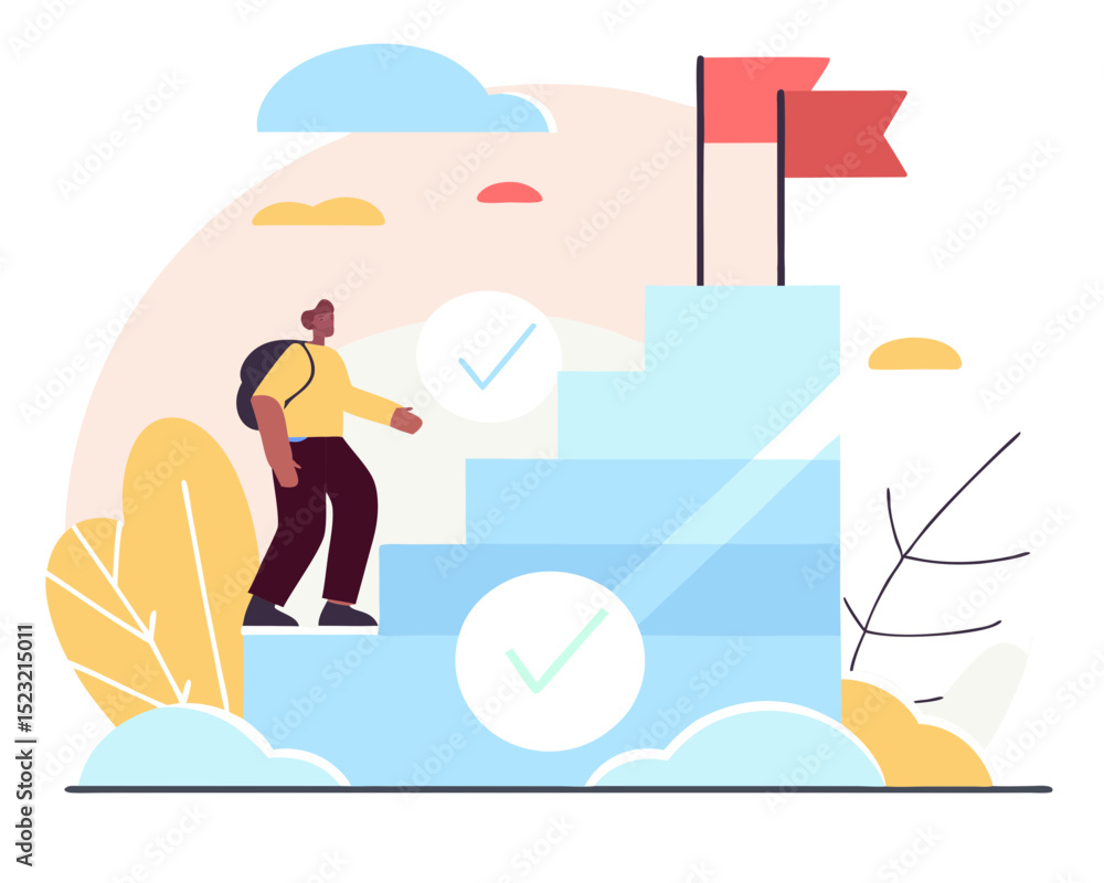 Person climbing steps with a flag on top in pastel style, representing productivity and goals. Person climbing steps with a flag on top in pastel style, representing productivity and goals.
