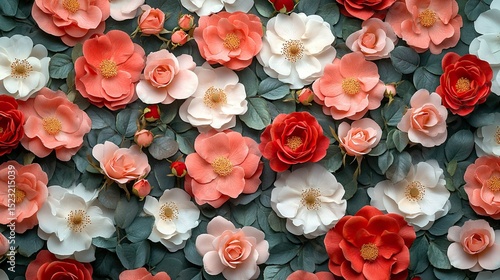 Overhead shot of a dense arrangement of roses in shades of red pink and white with green leaves