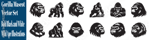 Gorilla Mascot Vector Set – Bold Black and White Wild Ape Illustrations