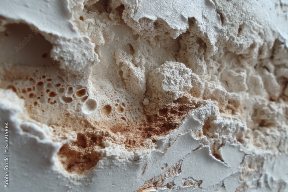 Obraz premium Close-up of textured beige stucco wall with irregular holes and cavities under soft daylight