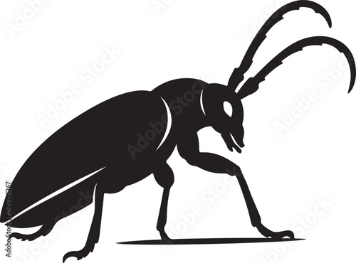 Longhorn beetle silhouette detailed design, Insect with antennae black artwork