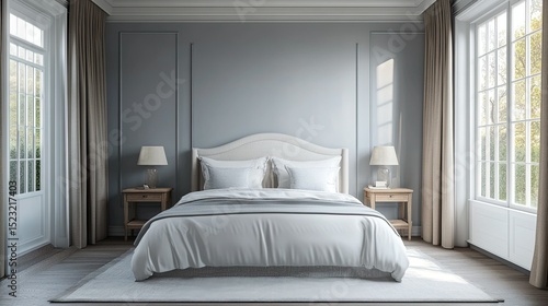 A bedroom with a white bed, two windows, curtains, two nightstands, and two lamps on each side