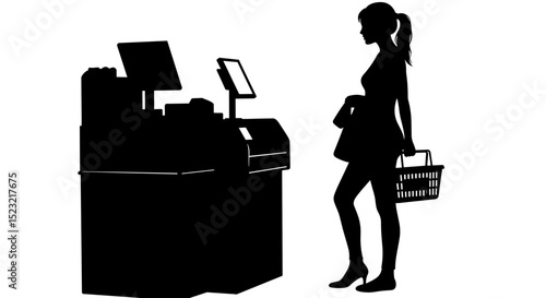  Silhouette of woman standing at self checkout with basket for modern consumer concept