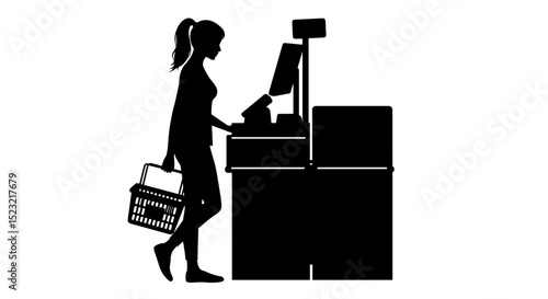  Silhouette of woman using self checkout at store for modern retail and technology concept